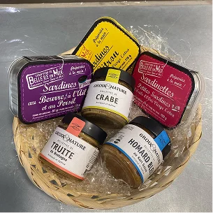 Conserves de poissons cuisinées, sardines au beurre d'ail et persil, truite, homard crabe à Auvers sur Oise près de Cergy-Pontoise (95)