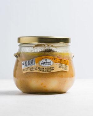 Braisé de pintade sauce foie gras et pommes vapeurs.